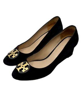 TORY BURCH~Claire~Black Suede Wedge Mid Heel Pumps~Gold Logo Sz 7.5 IOB
